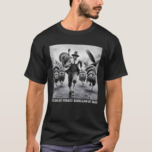 Turkeys Chasing Pilgrim Funny Thanksgiving Mens Wo T-Shirt (Front)
