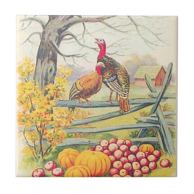 Turkeys Farm Pumpkin Apples Tree Fall Leaves Tile (Front)