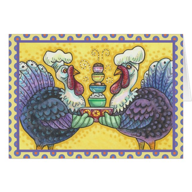 TURKEYS IN KITCHEN THANKSGIVING GREETING CARD V (Front Horizontal)