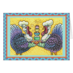 TURKEYS IN KITCHEN THANKSGIVING GREETING CARD Vers