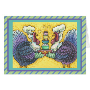 TURKEYS IN KITCHEN THANKSGIVING GREETING CARD Vers