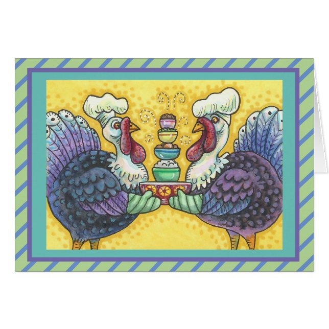 TURKEYS IN KITCHEN THANKSGIVING GREETING CARD Vers (Front Horizontal)