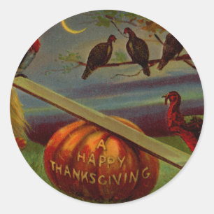 Turkeys Seesaw on Pumpkin Vintage Thanksgiving Classic Round Sticker