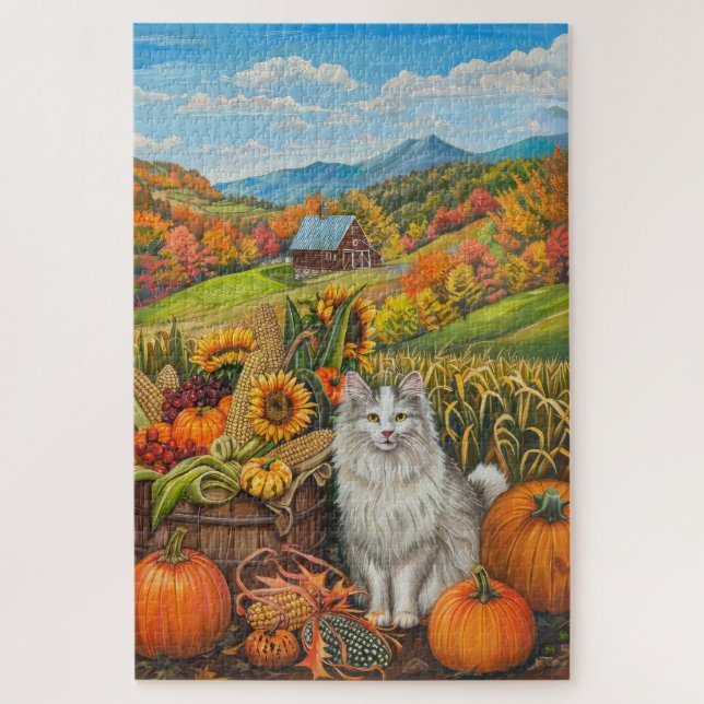 Turkish Angora Cat Autumn Harvest Thanksgiving Jigsaw Puzzle (Vertical)