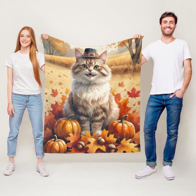 Turkish Angora Cat Autumn Leaves Thanksgiving Art Fleece Blanket (In Situ)