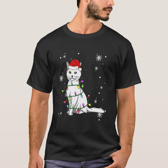 Turkish Angora Cat Christmas Lights Christmas Cat  T-Shirt (Front)