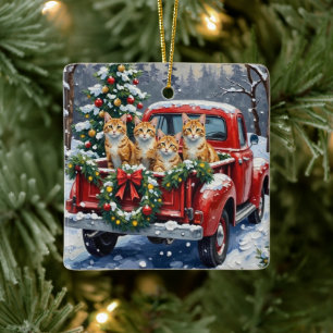 Turkish Angora Cat Christmas Red Truck Holiday Ceramic Ornament