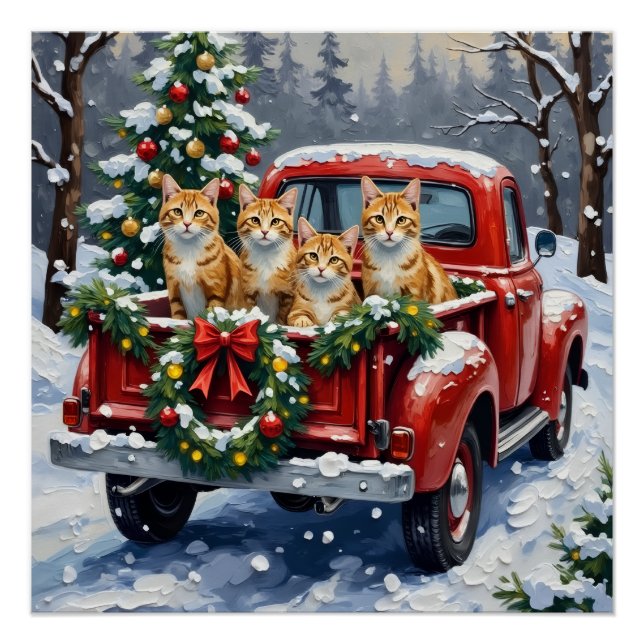 Turkish Angora Cat Christmas Red Truck Holiday Poster (Front)
