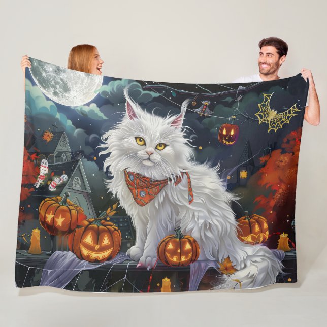 Turkish Angora Cat Halloween Spooky Fleece Blanket (In Situ)