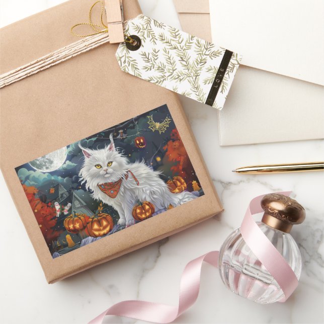 Turkish Angora Cat Halloween Spooky Rectangular Sticker (Gifting)