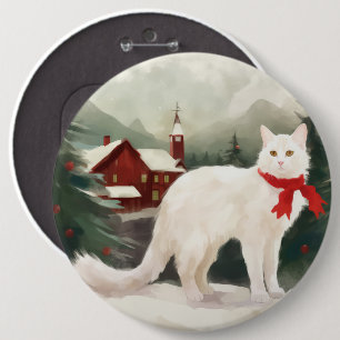 Turkish Angora Cat in Snow Christmas 6 Cm Round Badge