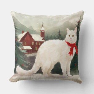 Turkish Angora Cat in Snow Christmas Cushion