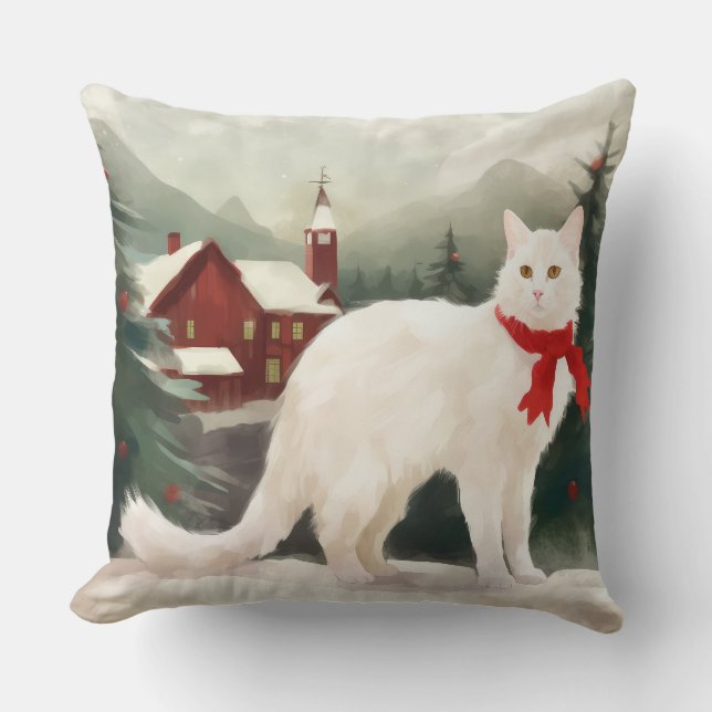 Turkish Angora Cat in Snow Christmas Cushion (Front)