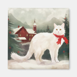 Turkish Angora Cat in Snow Christmas Magnet