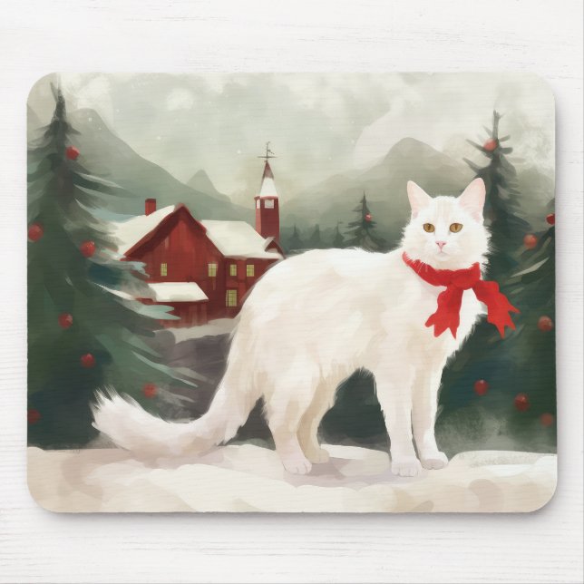 Turkish Angora Cat in Snow Christmas Mouse Pad (Front)