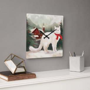 Turkish Angora Cat in Snow Christmas Square Wall Clock