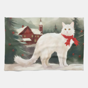 Turkish Angora Cat in Snow Christmas Tea Towel
