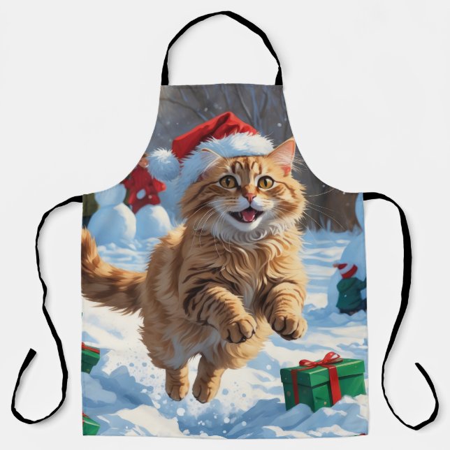 Turkish Angora Cat Running in Snow Christmas Hat Apron (Front)