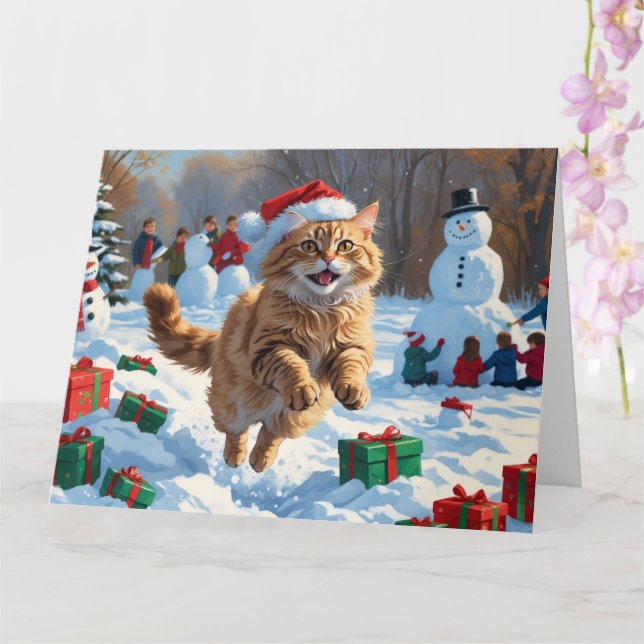Turkish Angora Cat Running in Snow Christmas Hat Card (Orchid)