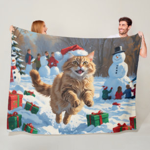 Turkish Angora Cat Running in Snow Christmas Hat Fleece Blanket