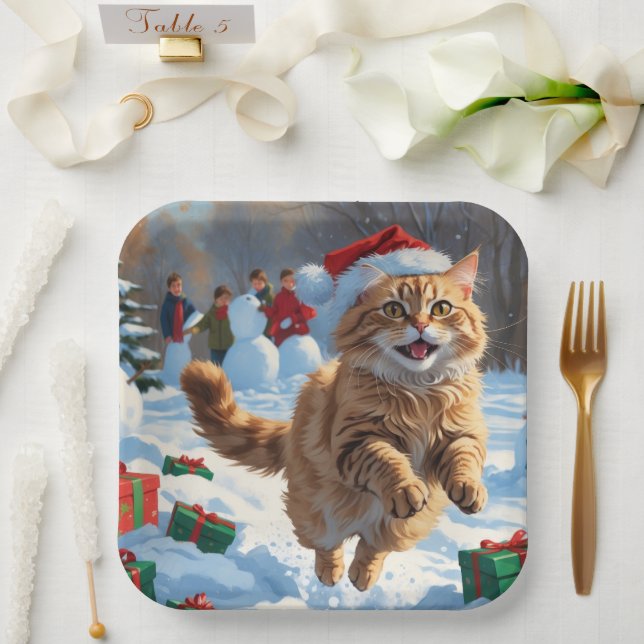 Turkish Angora Cat Running in Snow Christmas Hat Paper Plate (Wedding)