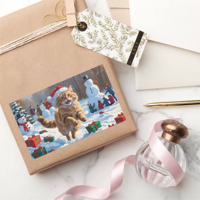 Turkish Angora Cat Running in Snow Christmas Hat Rectangular Sticker (Gifting)