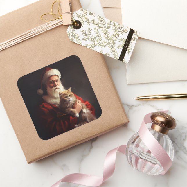 Turkish Angora Cat Santa Claus Festive Christmas  Square Sticker (Gifting)