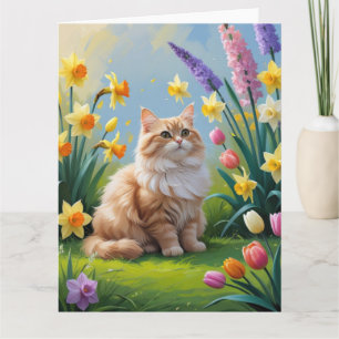 Turkish Angora Cat Spring Flowers Painting Card