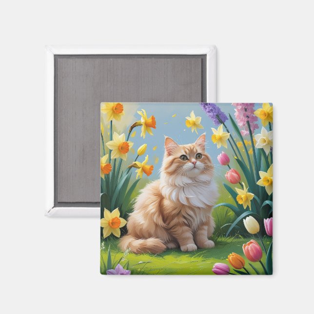 Turkish Angora Cat Spring Flowers Painting Magnet (Front/Back)