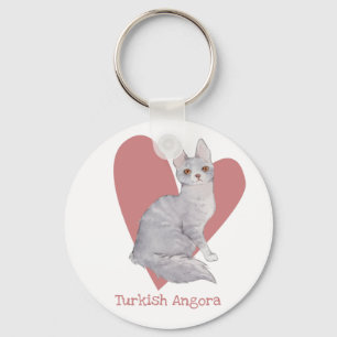 Turkish Angora Cat Watercolor Kitty Pink Heart Key Ring