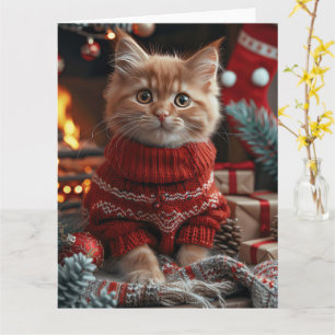 Turkish Angora Cat With Christmas Gifts Fireplace  Card