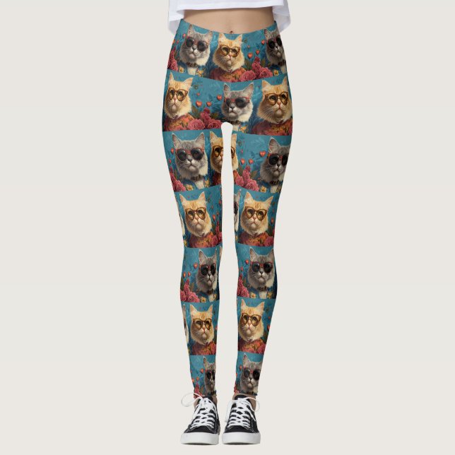 Turkish Angora Cat with Heart Rose Valentine's Day Leggings (Front)