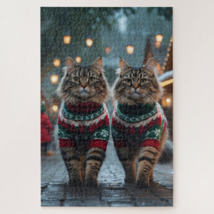 Turkish Angora Cats Christmas Snow Holiday Jigsaw Puzzle