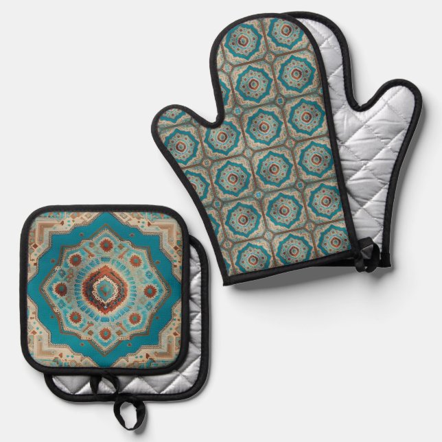 Turkish Beautiful Old Pattern Trendy Collection Oven Mitt & Pot Holder Set (Front/Back)