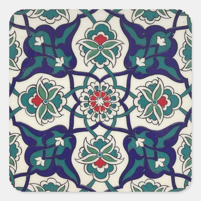 Turkish Blue Ceramic Floral Square Sticker (Front)