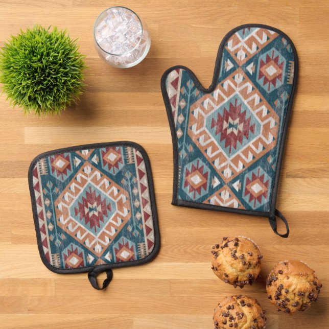 Turkish Carpet Rug Antique Kilim Kabristan Oven Mitt & Pot Holder Set (Top Down)