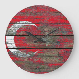 Turkish Flag on Rough Wood Boards Effect Large Clock