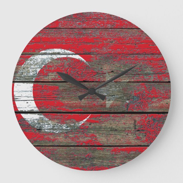Turkish Flag on Rough Wood Boards Effect Large Clock (Front)