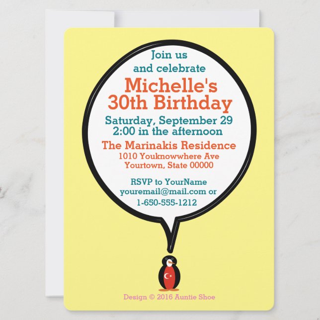 Turkish Flag Talking Ms. Penguin Personalised  Invitation (Front)