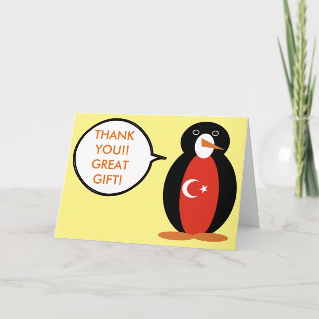 Turkish Flag Talking Ms. Penguin Thank You Card (Front)