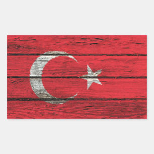 Turkish Flag with Rough Wood Grain Effect Rectangular Sticker