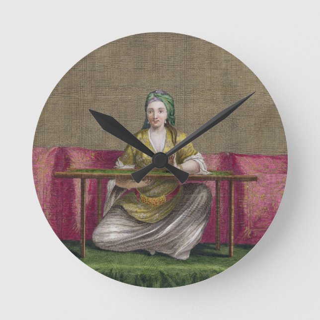 Turkish Girl, embroidering, 18th century (engravin Round Clock (Front)