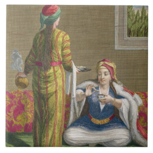 Turkish Girl, having coffee on the sofa, 18th cent Ceramic Tile