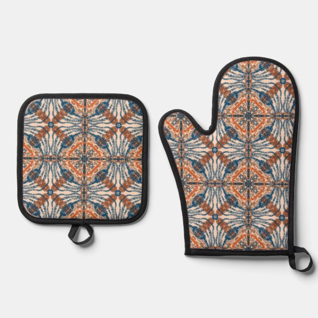 Turkish Inspired: Textured Navy & Terracotta Oven Mitt & Pot Holder Set (Front)
