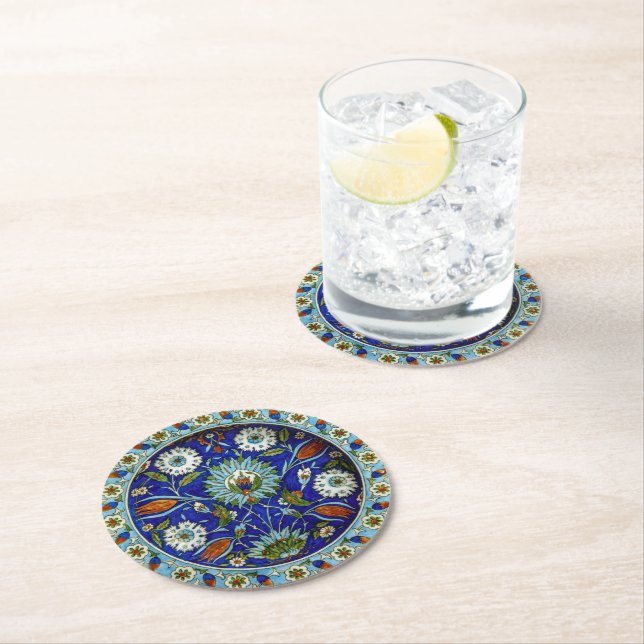 Turkish Iznik Floral Pattern Round Paper Coaster (Insitu)
