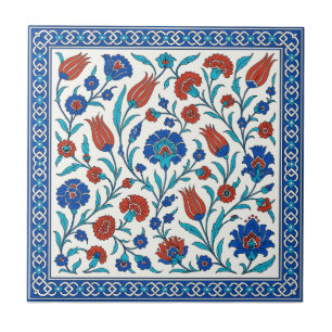 Turkish Iznik Floral Tile Art in Blue & Red
