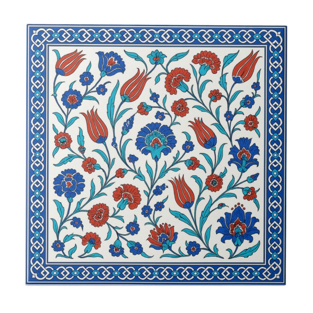 Turkish Iznik Floral Tile Art in Blue & Red (Front)