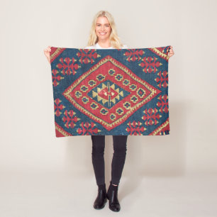 Turkish Kilim Carpet Rug Antique Red Blue   Fleece Blanket