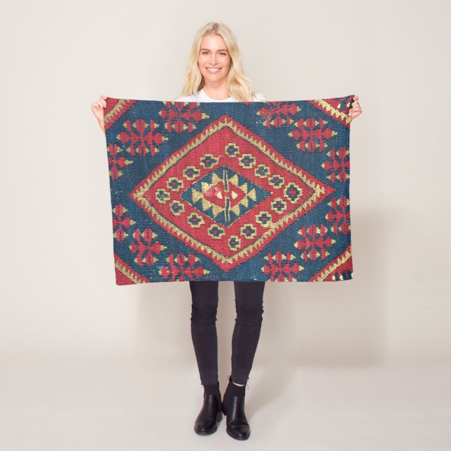 Turkish Kilim Carpet Rug Antique Red Blue   Fleece Blanket (In Situ)