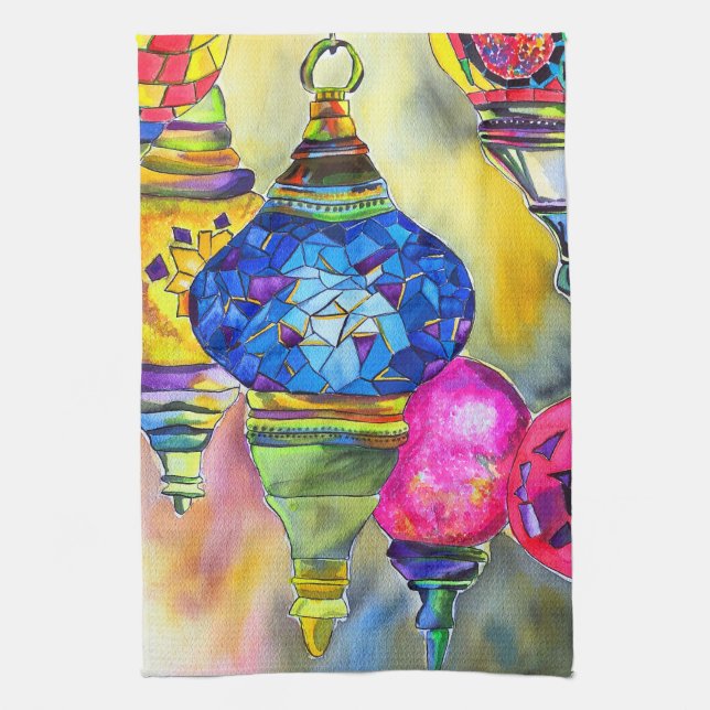 Turkish lamps mosaic watercolor fine art tea towel (Vertical)